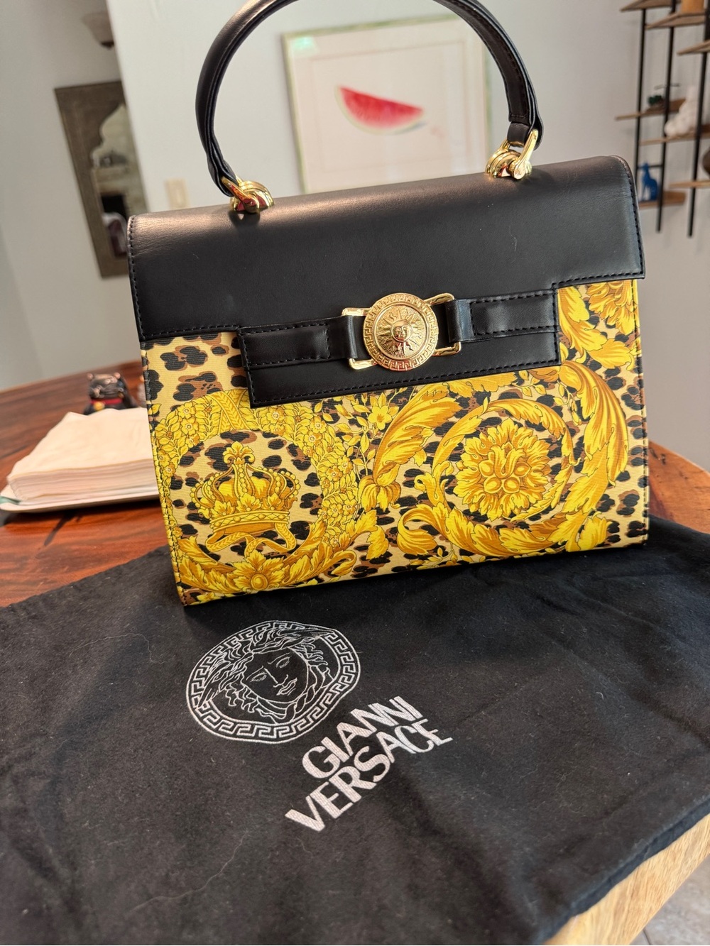 Versace Black and Yellow Baroque Top-Handle Satchel